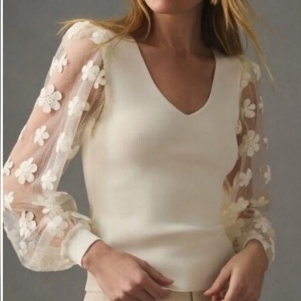 Anthropologie Dolan White Top with Sheer Floral Sleeves - Picture 3 of 8